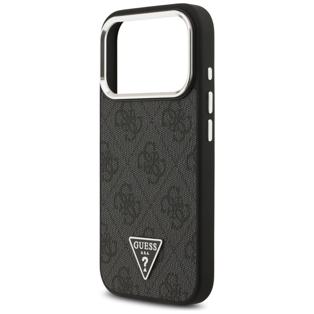 Guess Case Magsafe 4G PU Leather Case With Triangle Logo And Silver Metal Camera Frame For iPhone 17 Pro Black