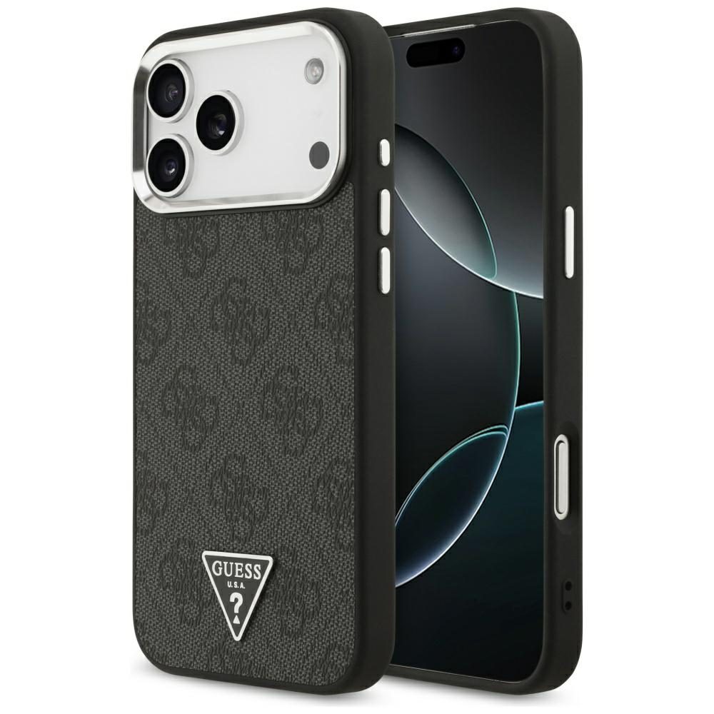 Guess Case Magsafe 4G PU Leather Case With Triangle Logo And Silver Metal Camera Frame For iPhone 17 Pro Max Black