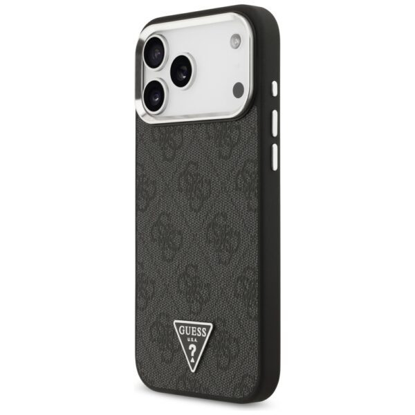 Guess Case Magsafe 4G PU Leather Case With Triangle Logo And Silver Metal Camera Frame For iPhone 17 Pro Max Black