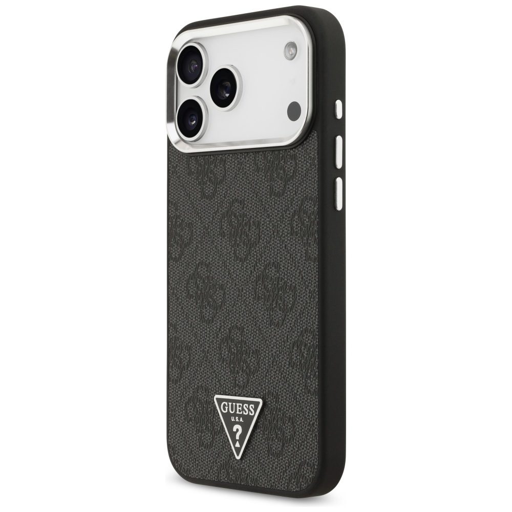 Guess Case Magsafe 4G PU Leather Case With Triangle Logo And Silver Metal Camera Frame For iPhone 17 Pro Max Black