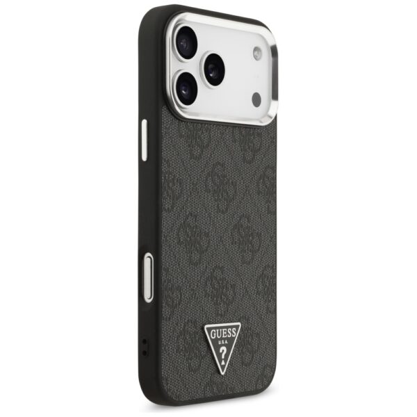Guess Case Magsafe 4G PU Leather Case With Triangle Logo And Silver Metal Camera Frame For iPhone 17 Pro Max Black