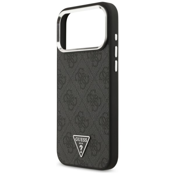 Guess Case Magsafe 4G PU Leather Case With Triangle Logo And Silver Metal Camera Frame For iPhone 17 Pro Max Black