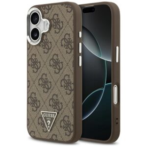 Guess Case Magsafe 4G PU Leather Case With Triangle Logo And Silver Metal Camera Frame For iPhone 17 Brown
