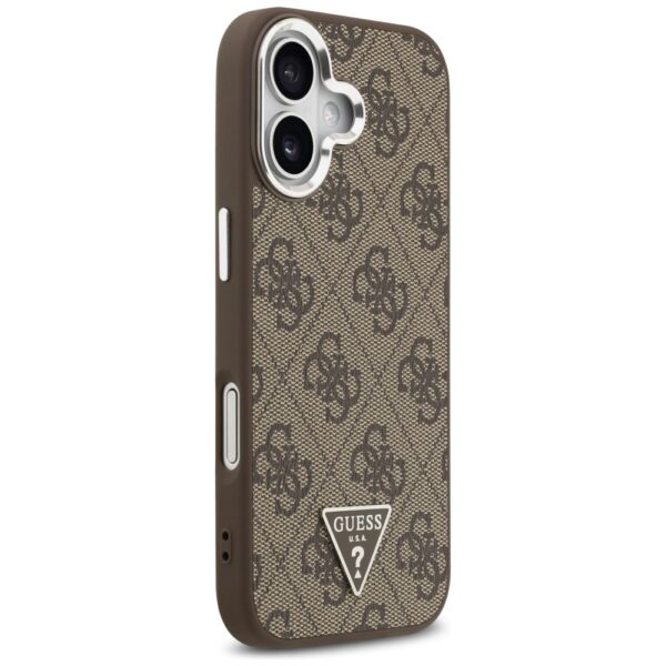 Guess Case Magsafe 4G PU Leather Case With Triangle Logo And Silver Metal Camera Frame For iPhone 17 Brown