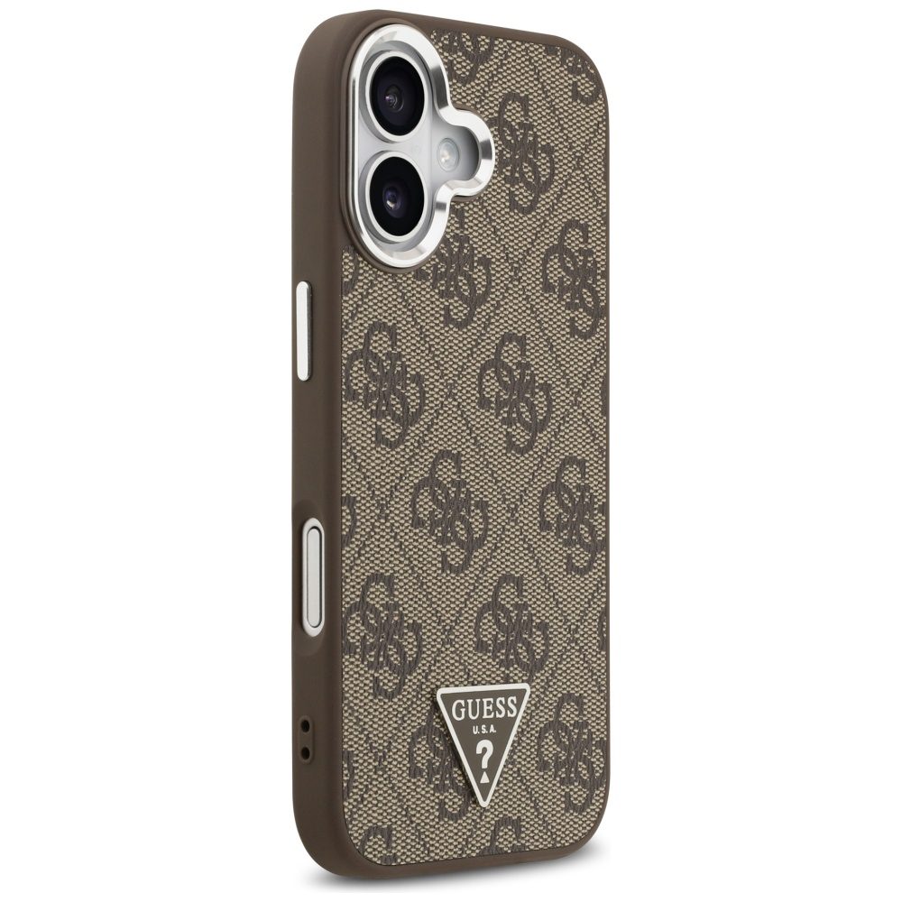 Guess Case Magsafe 4G PU Leather Case With Triangle Logo And Silver Metal Camera Frame For iPhone 17 Brown
