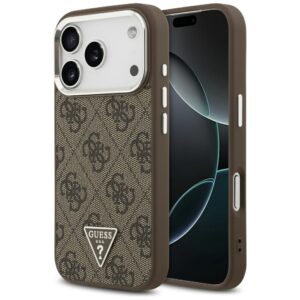 Guess Case Magsafe 4G PU Leather Case With Triangle Logo And Silver Metal Camera Frame For iPhone 17 Pro Brown