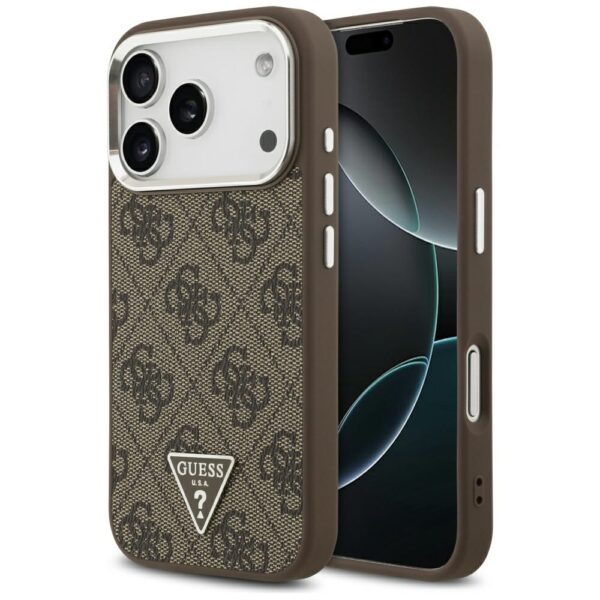 Guess Case Magsafe 4G PU Leather Case With Triangle Logo And Silver Metal Camera Frame For iPhone 17 Pro Brown