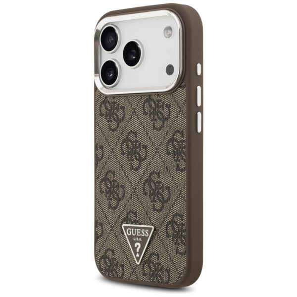 Guess Case Magsafe 4G PU Leather Case With Triangle Logo And Silver Metal Camera Frame For iPhone 17 Pro Brown
