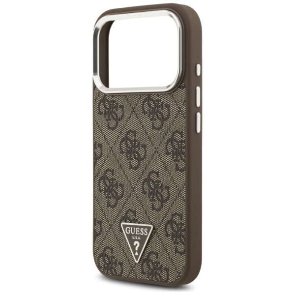Guess Case Magsafe 4G PU Leather Case With Triangle Logo And Silver Metal Camera Frame For iPhone 17 Pro Brown