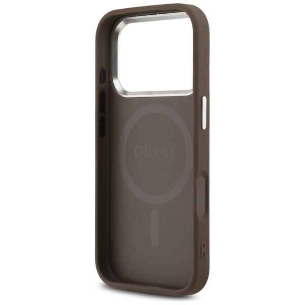 Guess Case Magsafe 4G PU Leather Case With Triangle Logo And Silver Metal Camera Frame For iPhone 17 Pro Brown