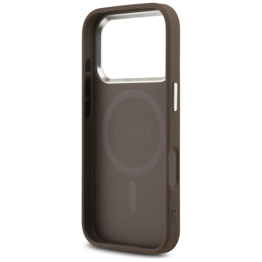 Guess Case Magsafe 4G PU Leather Case With Triangle Logo And Silver Metal Camera Frame For iPhone 17 Pro Brown