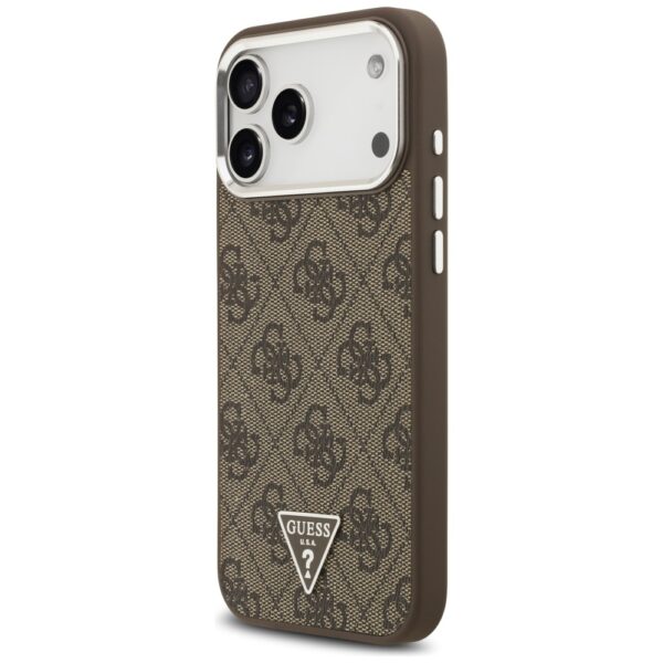 Guess Case Magsafe 4G PU Leather Case With Triangle Logo And Silver Metal Camera Frame For iPhone 17 Pro Max Brown