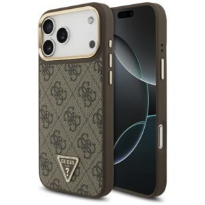 Guess Case Magsafe 4G PU Leather Case With Triangle Logo And Gold Metal Camera Frame For iPhone 17 Pro Max Black