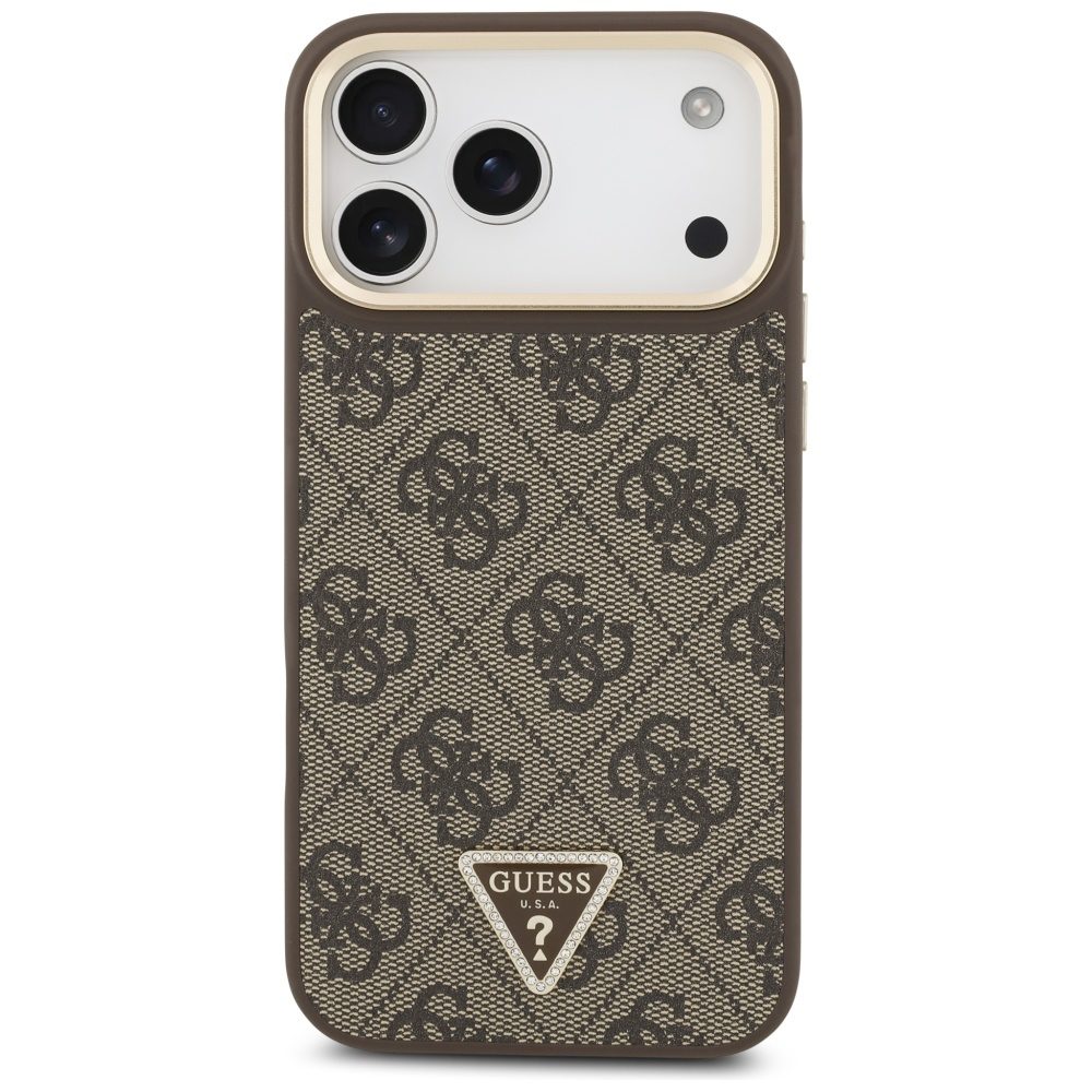 473397_oryg Guess Case Magsafe 4G PU Leather Case With Triangle Logo And Gold Metal Camera Frame For iPhone 17 Pro Max Black