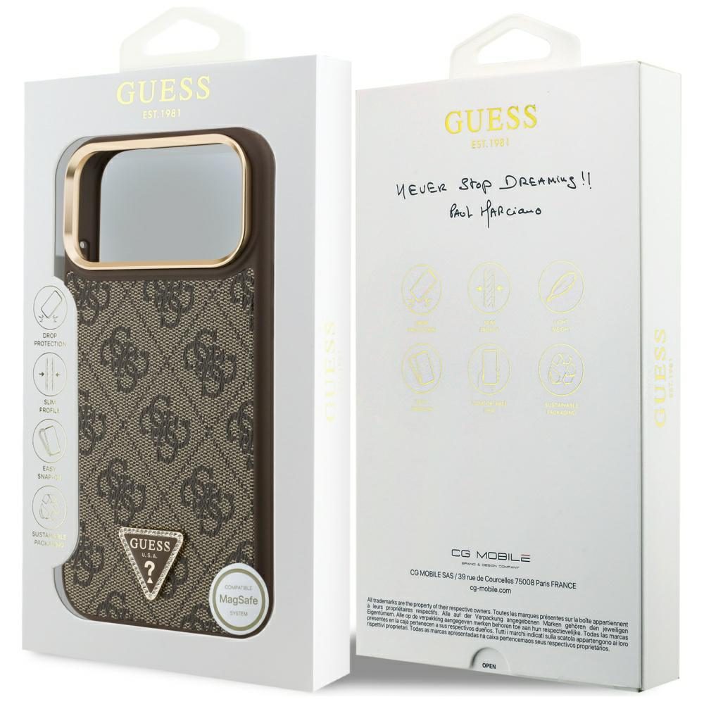 473402_oryg Guess Case Magsafe 4G PU Leather Case With Triangle Logo And Gold Metal Camera Frame For iPhone 17 Pro Max Black