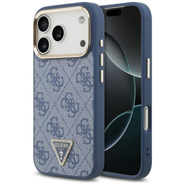 Guess Case Magsafe 4G PU Leather Case With Triangle Logo And Gold Metal Camera Frame For iPhone 17 Pro Blue