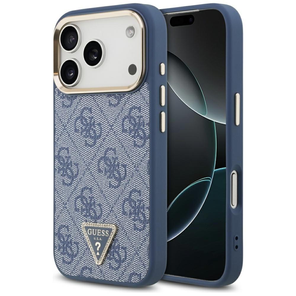 Guess Case Magsafe 4G PU Leather Case With Triangle Logo And Gold Metal Camera Frame For iPhone 17 Pro Blue