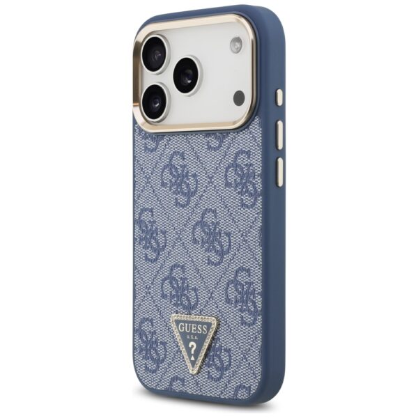 Guess Case Magsafe 4G PU Leather Case With Triangle Logo And Gold Metal Camera Frame For iPhone 17 Pro Blue