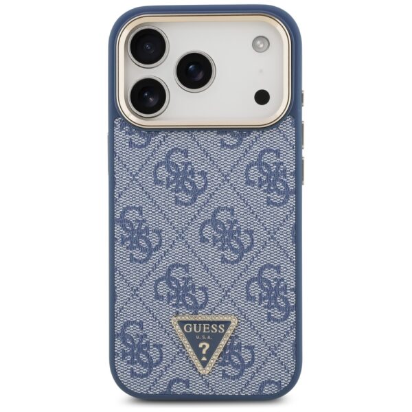 Guess Case Magsafe 4G PU Leather Case With Triangle Logo And Gold Metal Camera Frame For iPhone 17 Pro Blue