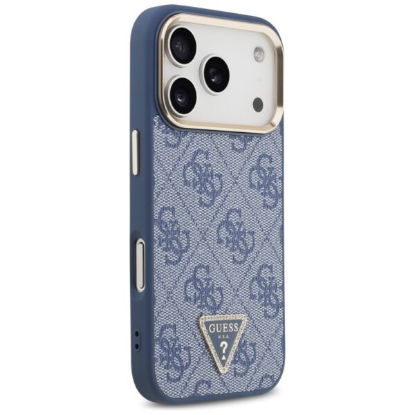 Guess Case Magsafe 4G PU Leather Case With Triangle Logo And Gold Metal Camera Frame For iPhone 17 Pro Blue