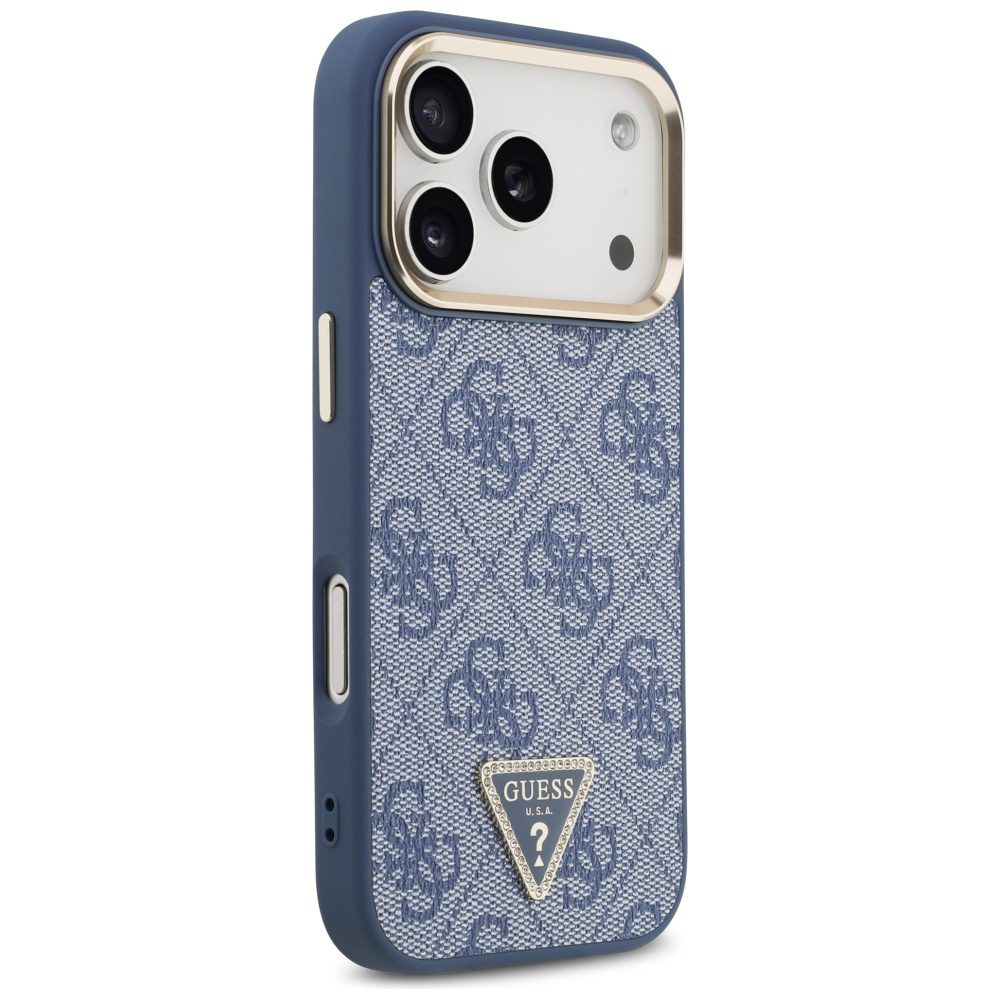 Guess Case Magsafe 4G PU Leather Case With Triangle Logo And Gold Metal Camera Frame For iPhone 17 Pro Blue