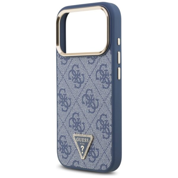 Guess Case Magsafe 4G PU Leather Case With Triangle Logo And Gold Metal Camera Frame For iPhone 17 Pro Blue