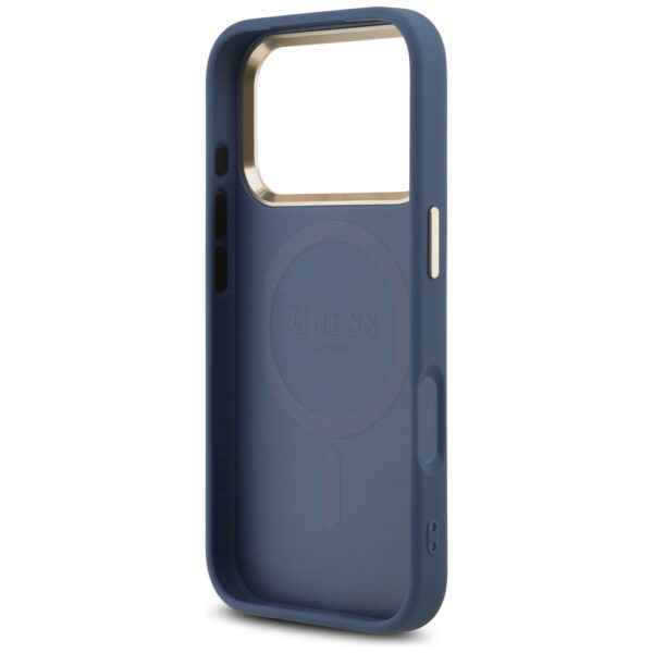 Guess Case Magsafe 4G PU Leather Case With Triangle Logo And Gold Metal Camera Frame For iPhone 17 Pro Blue