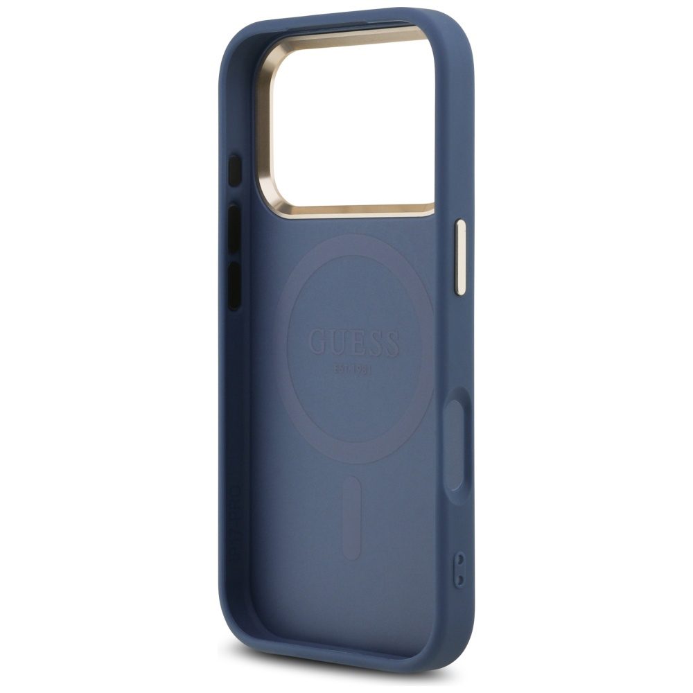 Guess Case Magsafe 4G PU Leather Case With Triangle Logo And Gold Metal Camera Frame For iPhone 17 Pro Blue