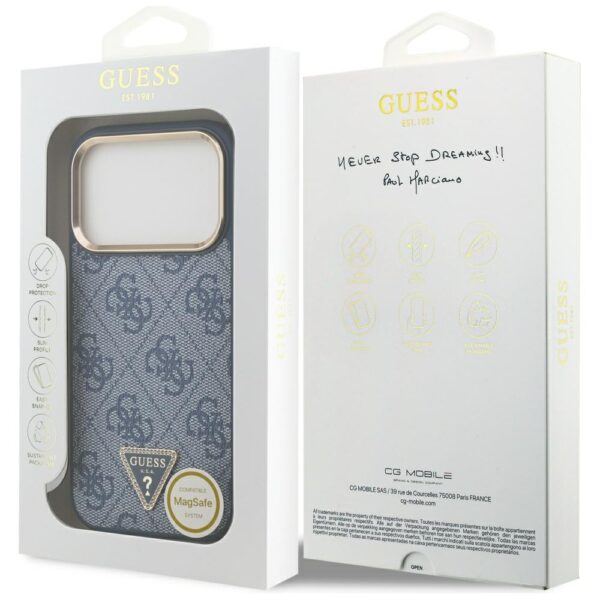 Guess Case Magsafe 4G PU Leather Case With Triangle Logo And Gold Metal Camera Frame For iPhone 17 Pro Blue