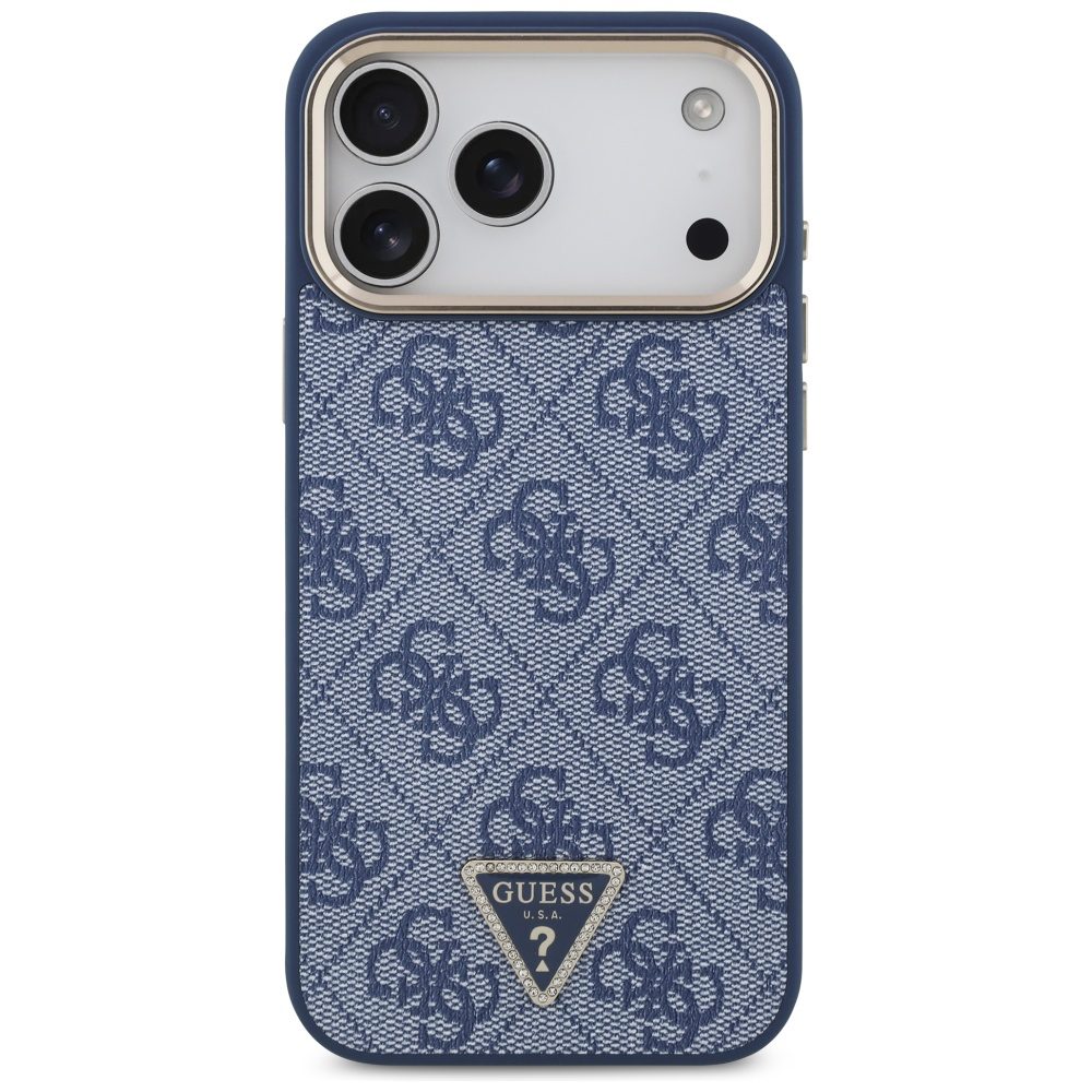 Guess Case Magsafe 4G PU Leather Case With Triangle Logo And Gold Metal Camera Frame For iPhone 17 Pro Max Blue