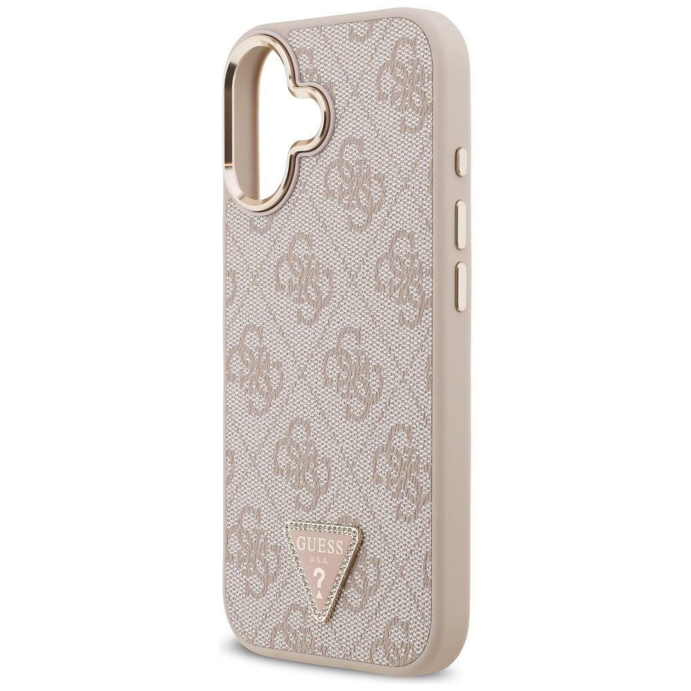 Guess Case Magsafe 4G PU Leather Case With Triangle Logo And Gold Metal Camera Frame For iPhone 17 Pink