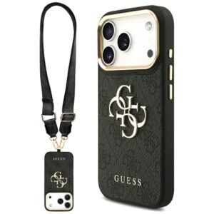 Guess Case 4G PU Leather Case Big 4G And Classic Logo With Big 4G PU Nylon Strap And Metal Camera And Buttons For iPhone 17 Pro Black