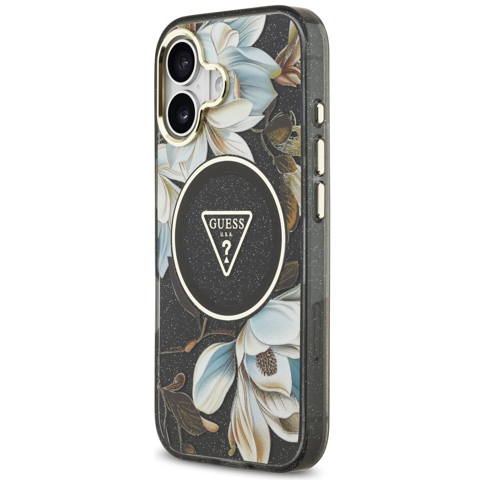 473509_oryg Guess Case Magsafe IML Case Glitter Flowers And Triangle With Metal Camera Frame And Buttons For iPhone 17 Black