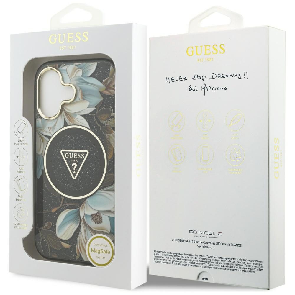473515_oryg Guess Case Magsafe IML Case Glitter Flowers And Triangle With Metal Camera Frame And Buttons For iPhone 17 Black