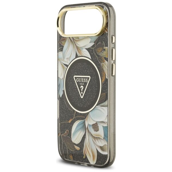 Guess Case Magsafe IML Case Glitter Flowers And Triangle With Metal Camera Frame And Buttons For iPhone 17 Air Black