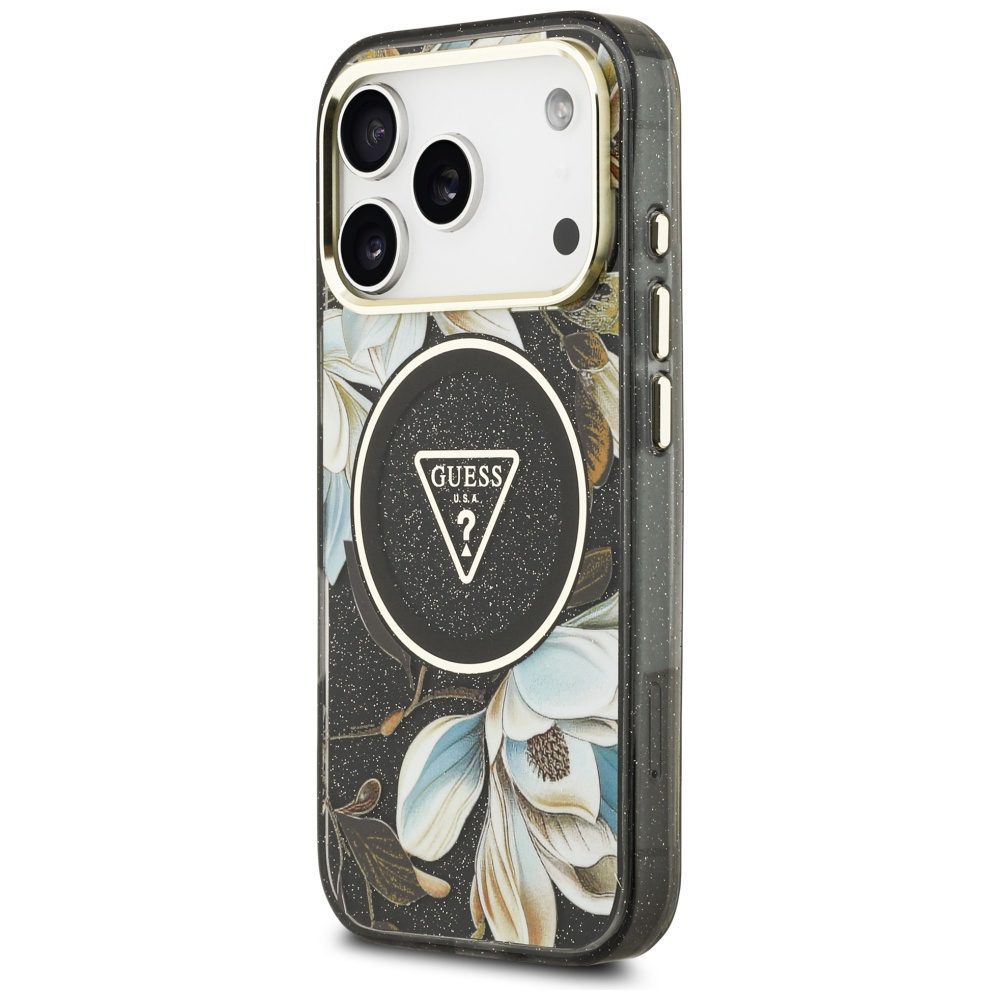 473525_oryg Guess Case Magsafe IML Case Glitter Flowers And Triangle With Metal Camera Frame And Buttons For iPhone 17 Pro Black