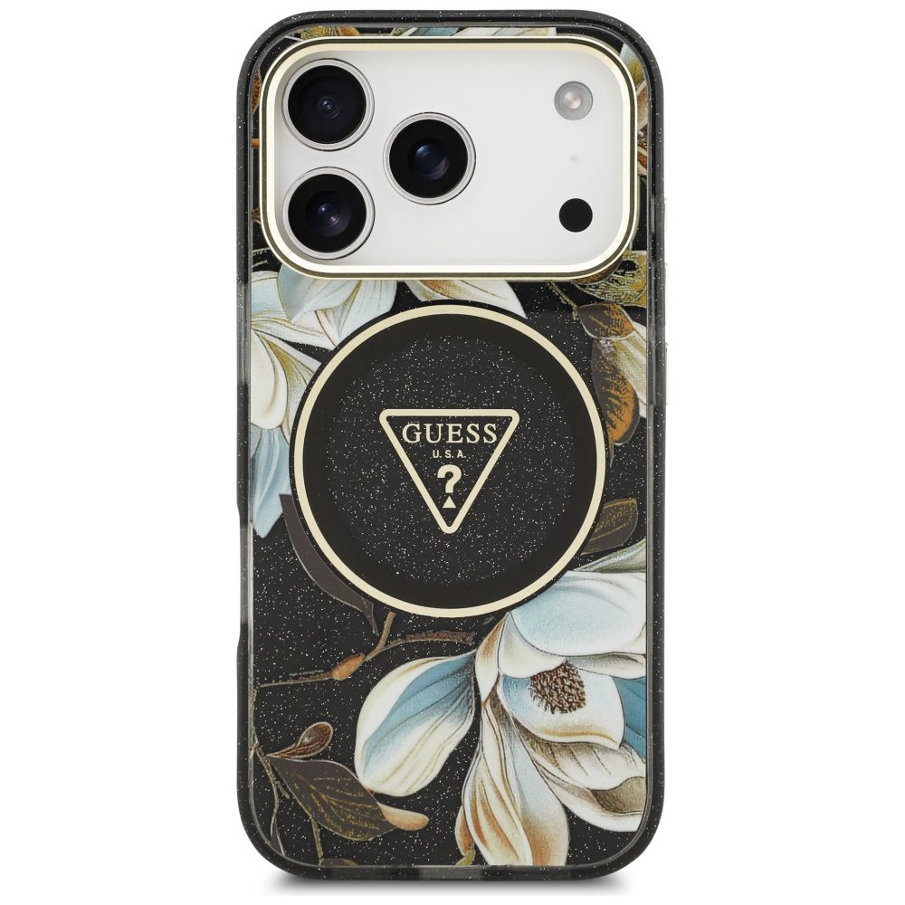 473526_oryg Guess Case Magsafe IML Case Glitter Flowers And Triangle With Metal Camera Frame And Buttons For iPhone 17 Pro Black