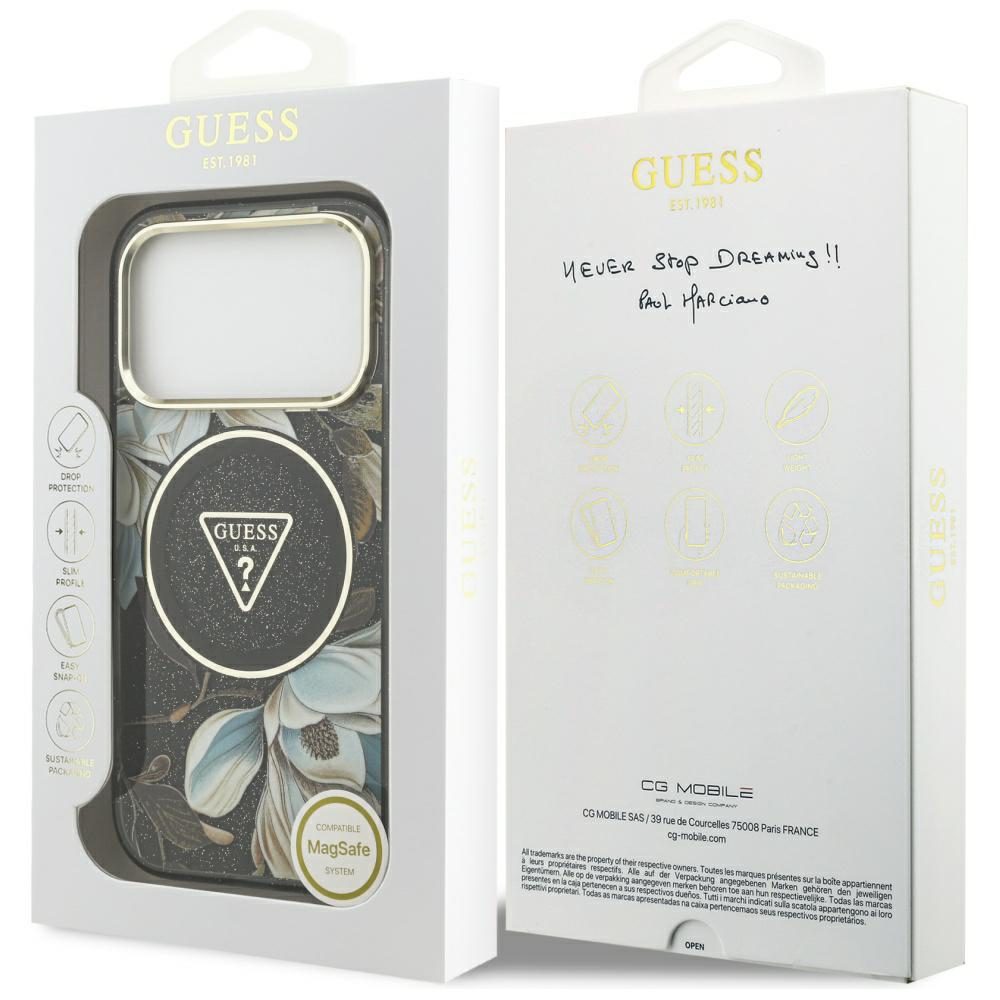 473531_oryg Guess Case Magsafe IML Case Glitter Flowers And Triangle With Metal Camera Frame And Buttons For iPhone 17 Pro Black