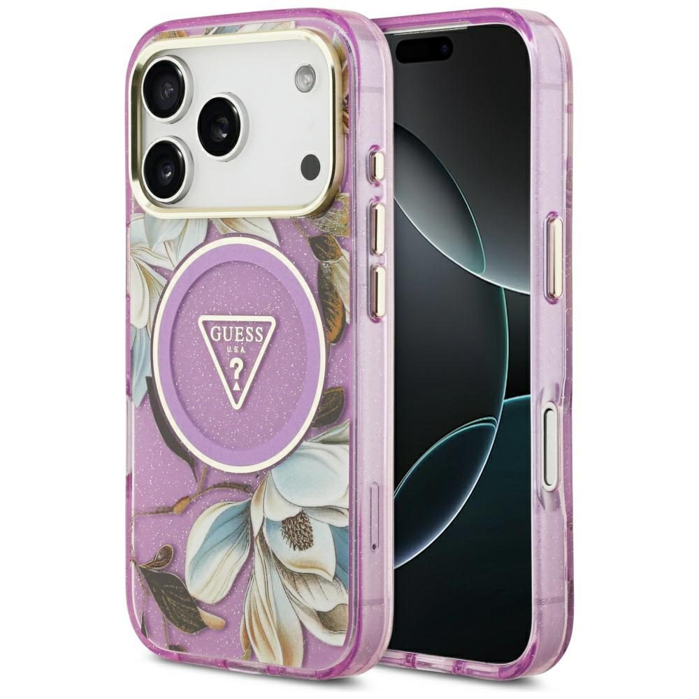 473532_oryg Guess Case Magsafe IML Case Glitter Flowers And Triangle With Metal Camera Frame And Buttons For iPhone 17 Pro PUrple