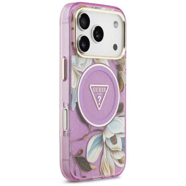 Guess Case Magsafe IML Case Glitter Flowers And Triangle With Metal Camera Frame And Buttons For iPhone 17 Pro PUrple