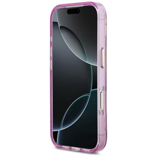 Guess Case Magsafe IML Case Glitter Flowers And Triangle With Metal Camera Frame And Buttons For iPhone 17 Pro PUrple