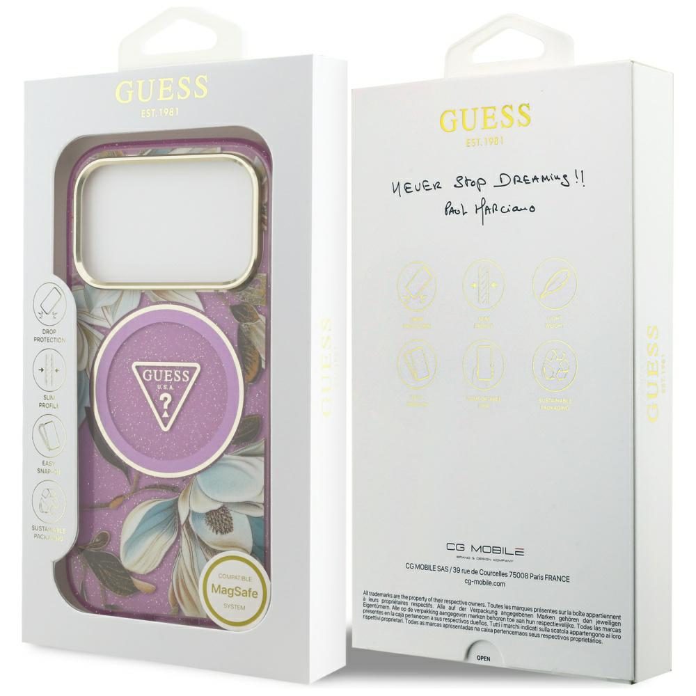 473539_oryg Guess Case Magsafe IML Case Glitter Flowers And Triangle With Metal Camera Frame And Buttons For iPhone 17 Pro PUrple