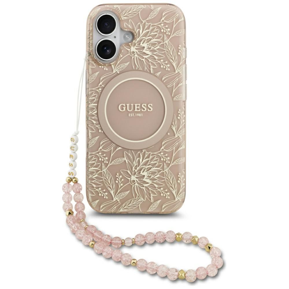 Guess Case Magsafe IML Case Flowers Electroplated Allover With Beads Strap For iPhone 17 Pink