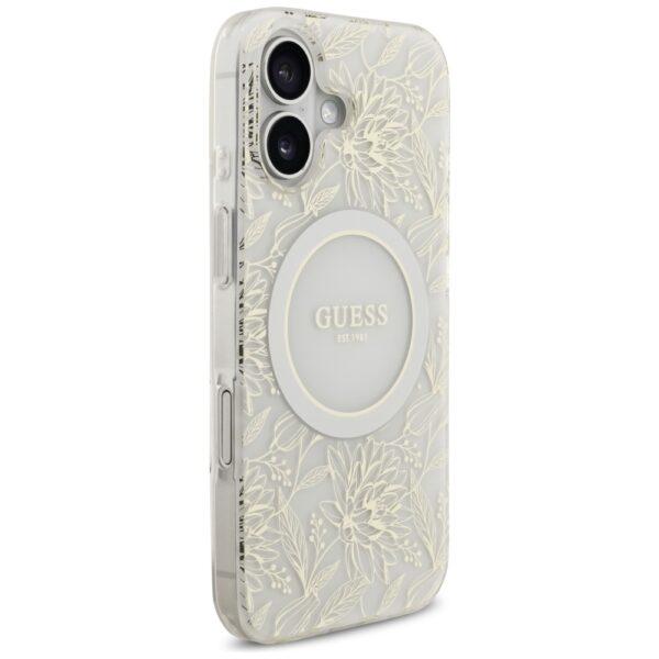 Guess Case Magsafe IML Case Flowers Electroplated Allover With Beads Strap For iPhone 17 White