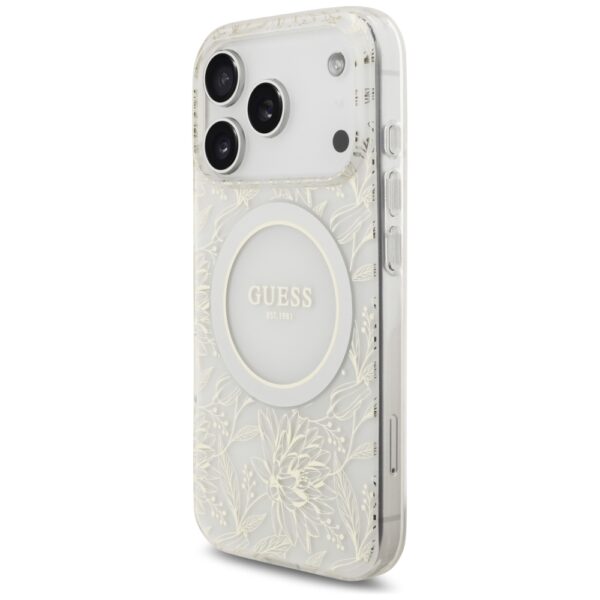Guess Case Magsafe IML Case Flowers Electroplated Allover With Beads Strap For iPhone 17 Pro White