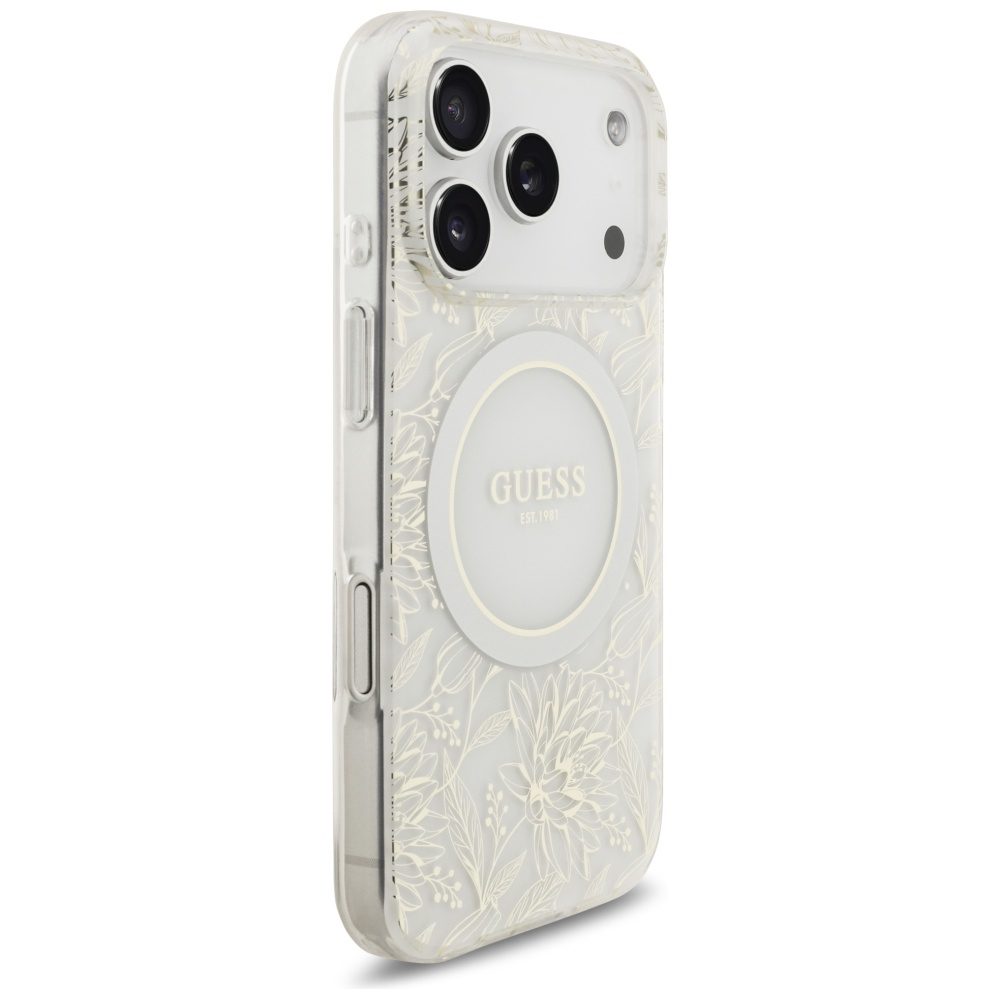 Guess Case Magsafe IML Case Flowers Electroplated Allover With Beads Strap For iPhone 17 Pro White