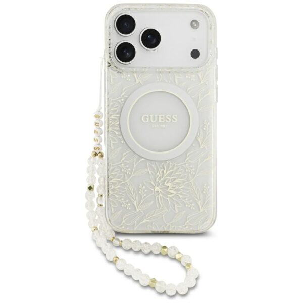 Guess Case Magsafe IML Case Flowers Electroplated Allover With Beads Strap For iPhone 17 Pro Max White