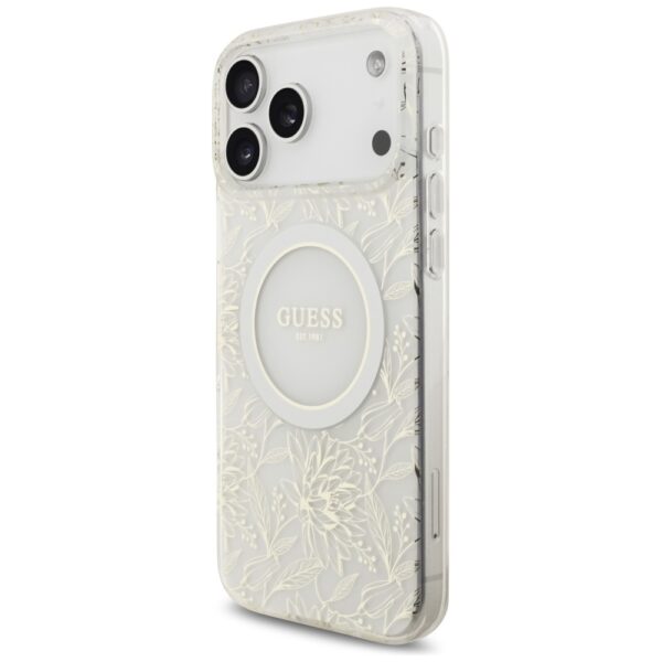 Guess Case Magsafe IML Case Flowers Electroplated Allover With Beads Strap For iPhone 17 Pro Max White