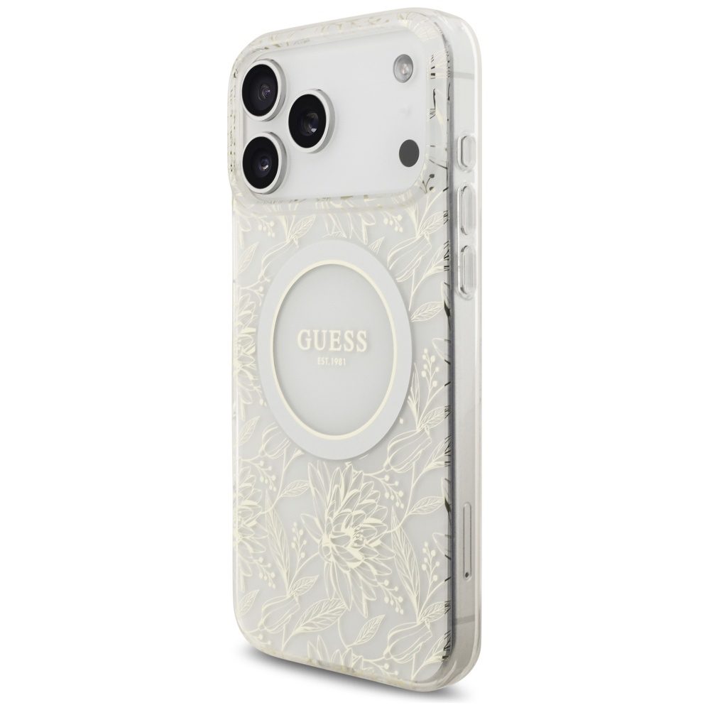 Guess Case Magsafe IML Case Flowers Electroplated Allover With Beads Strap For iPhone 17 Pro Max White