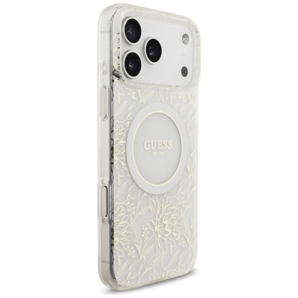 Guess Case Magsafe IML Case Flowers Electroplated Allover With Beads Strap For iPhone 17 Pro Max White